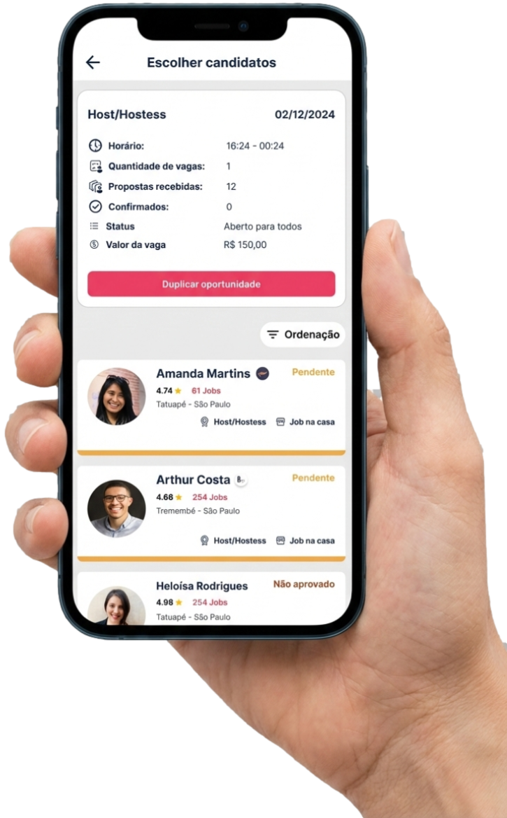 Interface do app estaff mostrando seleção de candidatos